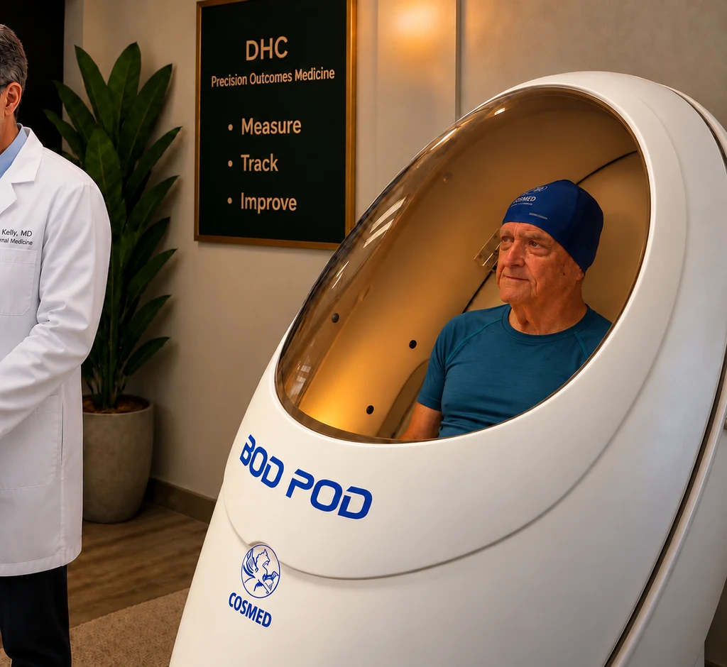 Dr. Kelly with a patient in the DHC BodPod body composition machine